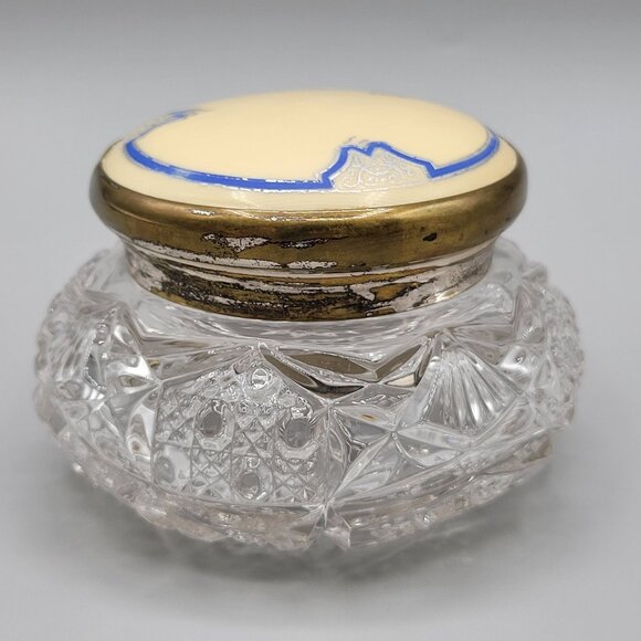 Vanity Jar Art Deco EAPG Clear Glass Celluloid Metal Lid Victorian Dresser Jar - Picture 2 of 10